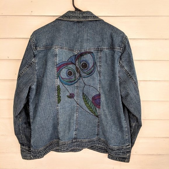 Hand Drawn Owl Denim Jacket Coldwater Creek - Picture 5 of 8